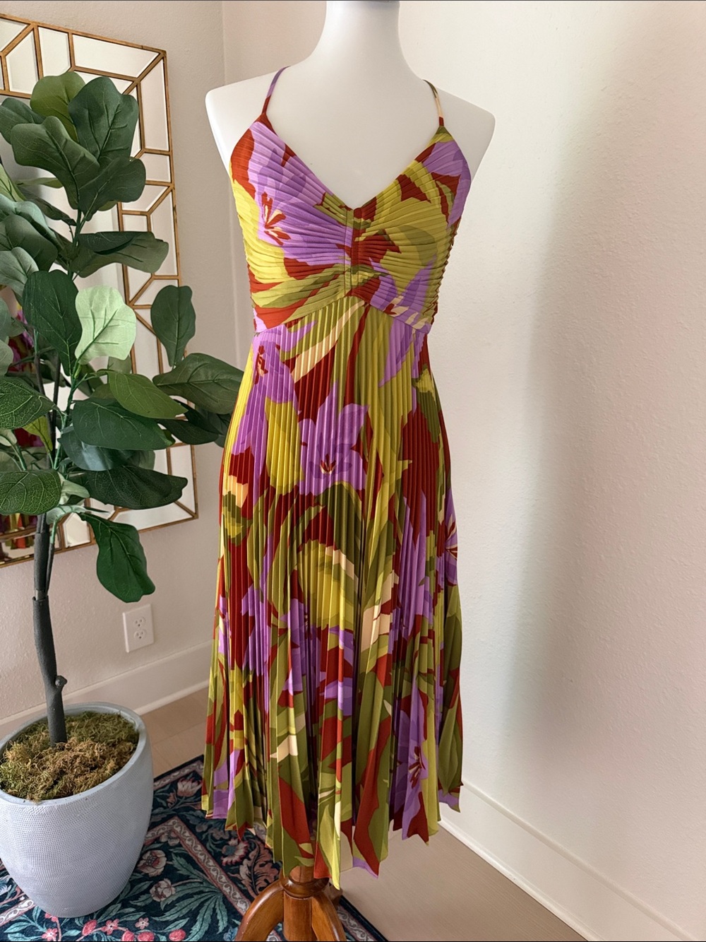 Astr Floral Pleated Spaghetti-Strap Mini Dress in Yellow, Purple & Red